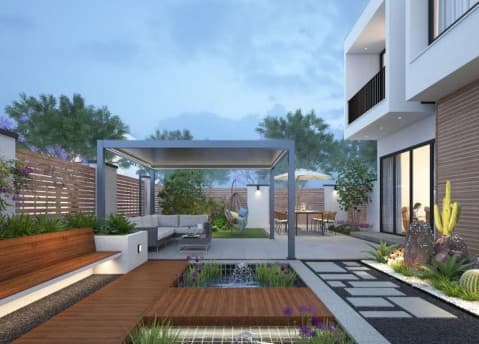 Pérgola en un jardín con deck de madera y espejo de agua